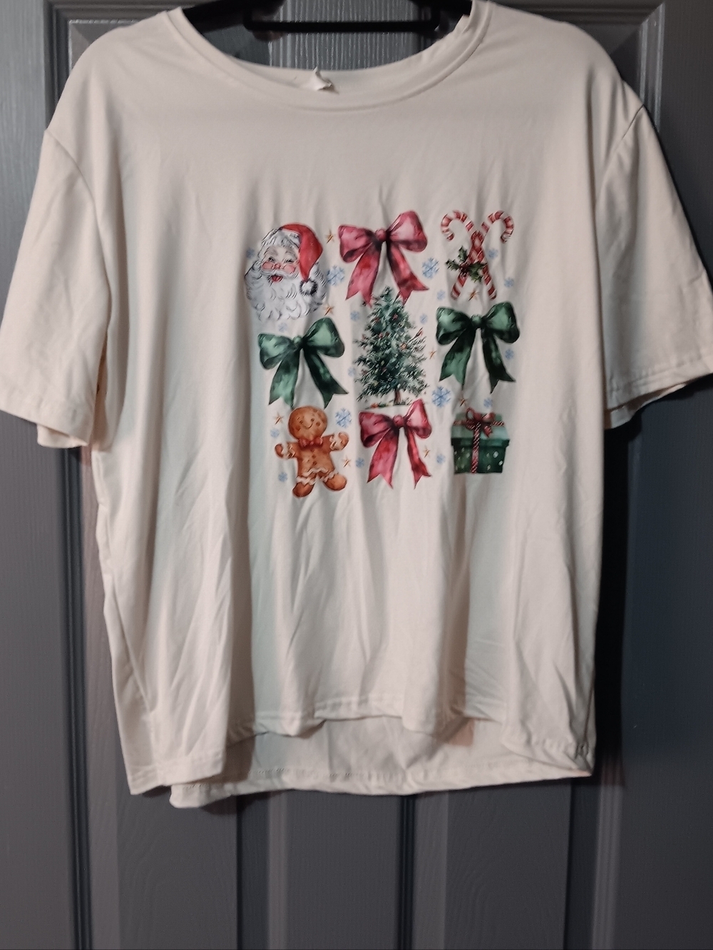 Women's Cream Holiday Graphic Tee with Green & Red Accents